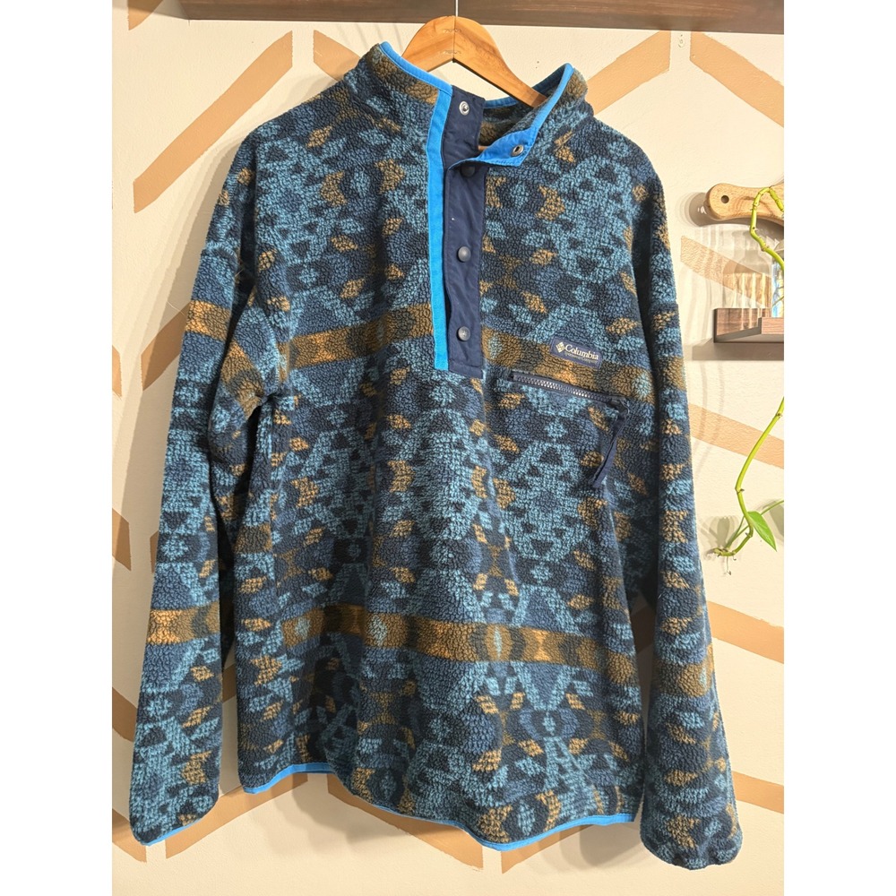 Columbia Fleece Pullover Men Large Blue Aztec Geometric Half Snap Mock Neck